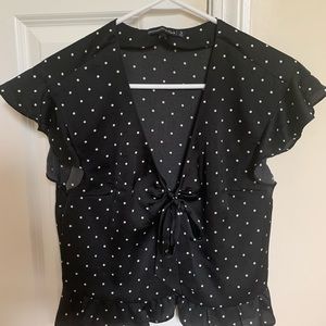 Abercrombie Black Polka Dot Satin Tie Blouse